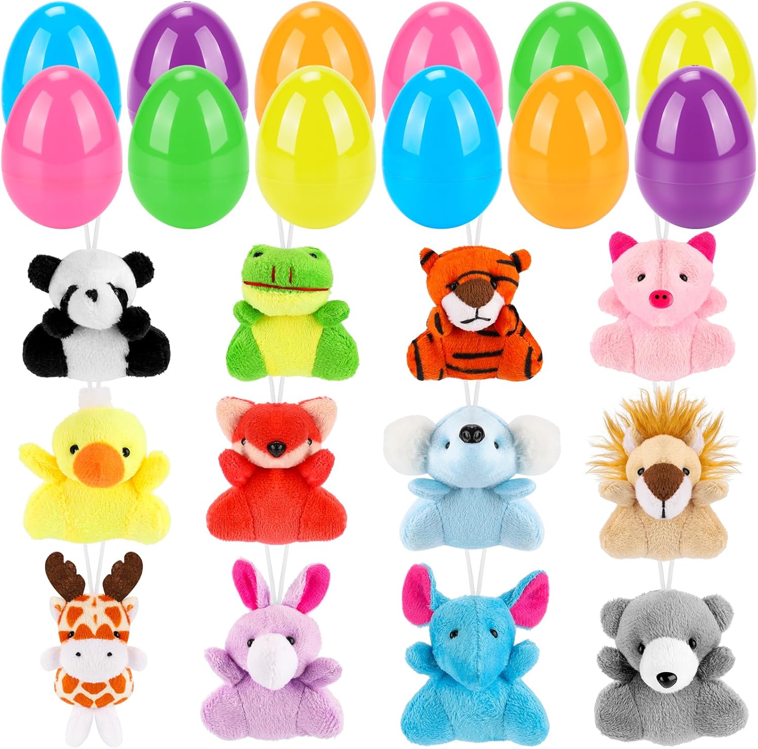12 Pack Easter Eggs Fillers with Mini Stuffed Animal Plush Toys Inside Easter Baster Stuffer for Kids Easter Egg Hunt Prizes, Party Favor