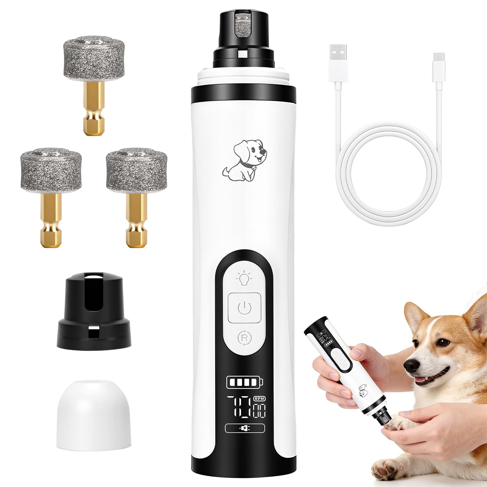 Upgraded Dog Nail Grinder Quiet 3 Adjustable Speed Cordless Silent Nail Grinder Pet Nail Trimmer with LED Light Pet Silent Painless Paw Grooming Supplies for Small/Medium/Large Dogs & Cats
