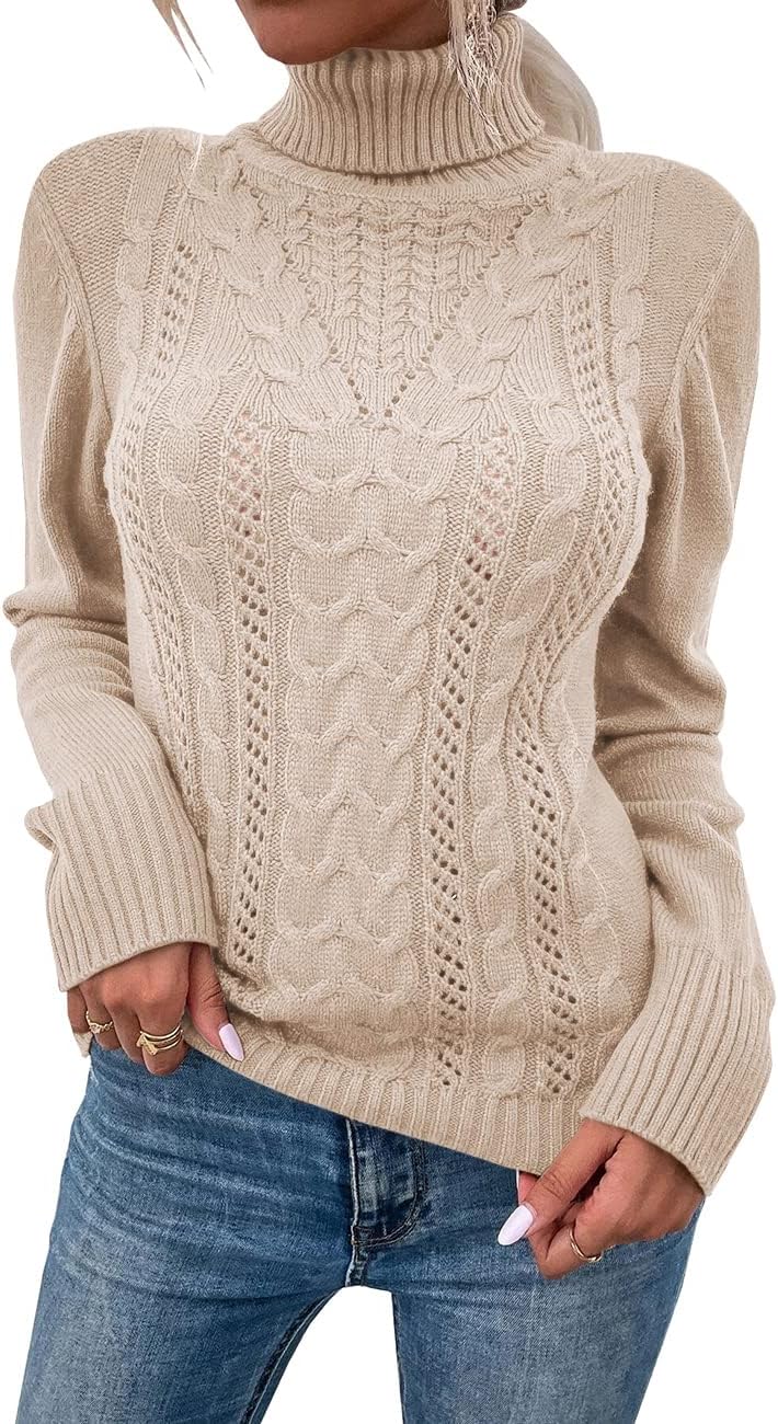 Hongqizo Women Casual Turtleneck Long Sleeve Sweater Cable Knit Pullover Solid Slim Fit Sweater Turtleneck Tops - Image 2