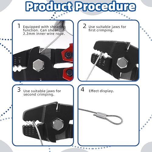 Miniatura 5 de Glarks Herramienta de prensado de cuerda de alambre de hasta 0.087 in y cortador de cable y cuerda de cable con funda de bucle de crimpado de doble