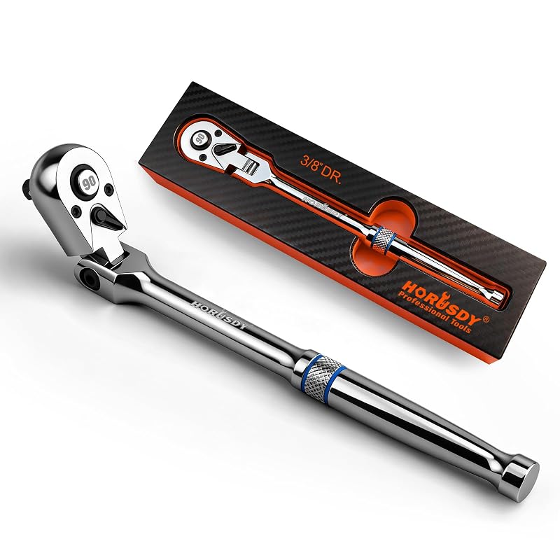 Chave de soquete com catraca flexível HORUSDY, acionamento de 9,5 mm (3/8 pol.), cabeça ajustável em 180°, 90 dentes, aço CR-V, modelo 81148