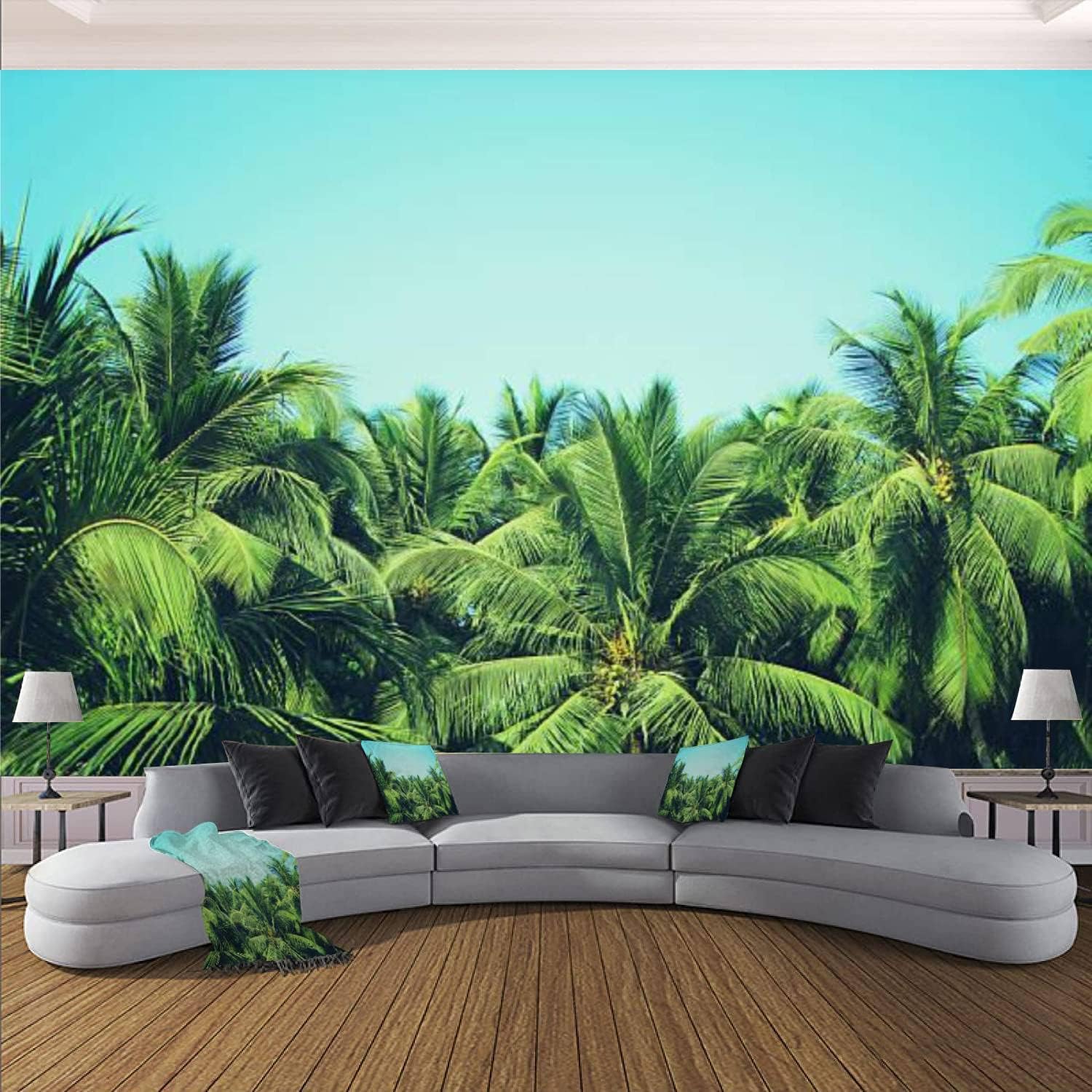 Modern Wall Murals 3D Coconut Palm Trees at Tropical Beach Vintage Peel and Stick Wallpaper Removable Self-Adhesive PVC Wall Stickers for Living Room Bedroom Wall Decor