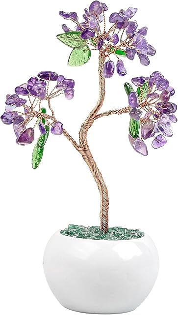 Amogeeli Healing Crystal Money Tree with Ceramic Pot, Stones Bonsai Luck Tree for Feng Shui Wealth Home Decoration (Amethyst)
