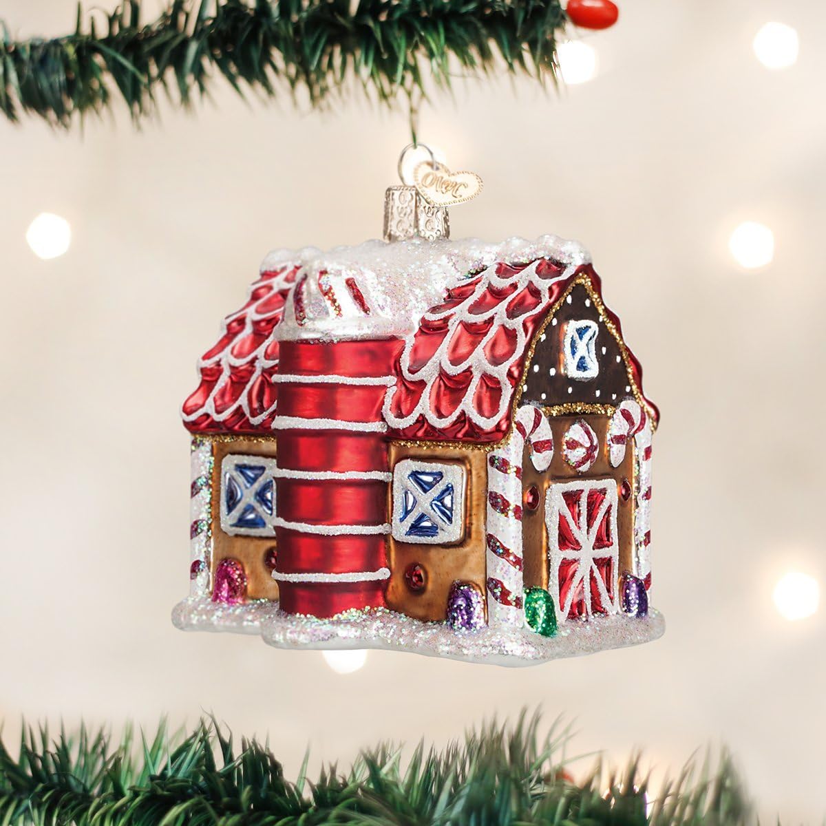 Old World Christmas Gingerbread Barn Glass Blown Ornament for Christmas Tree, Handcrafted Holiday Decoration, Gingerbread Collection