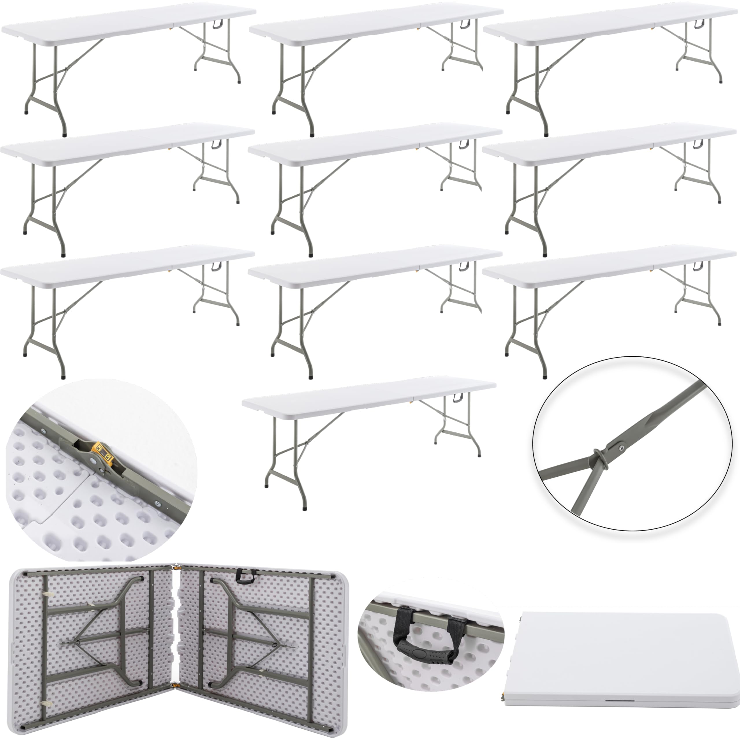 BTEXPERT Set of 10, 8 Foot Plastic Folding Table Portable 96" Long Table for Indoor Outdoor Events Banquet Dining Party Rectangular Carrying Handle 30" Wide, 29" High White