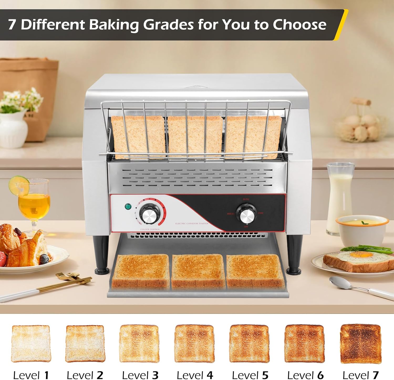 Dyna-Living 1200W Belgian Waffle Maker + 2600W 450 Slices/Hour Commercial Conveyor Toaster for Restaurant or Home Use