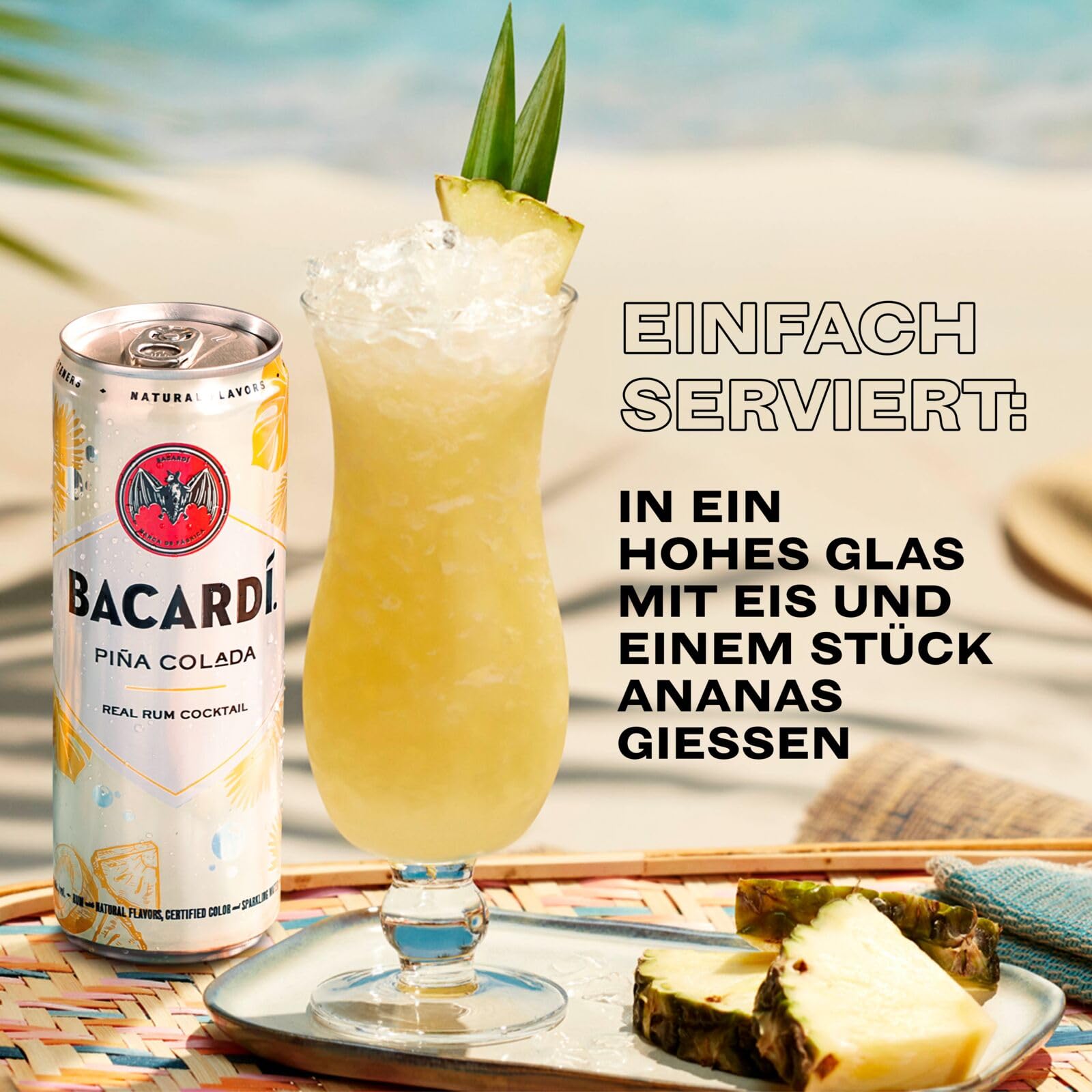 BACARDÍ Piña Colada, 10% Vol., 12 x 25 cl/250 ml, Ready-To-Drink Cocktail in der Dose, trinkfertig mit BACARDÍ Carta Blanca Rum, Ananas und Kokosnuss