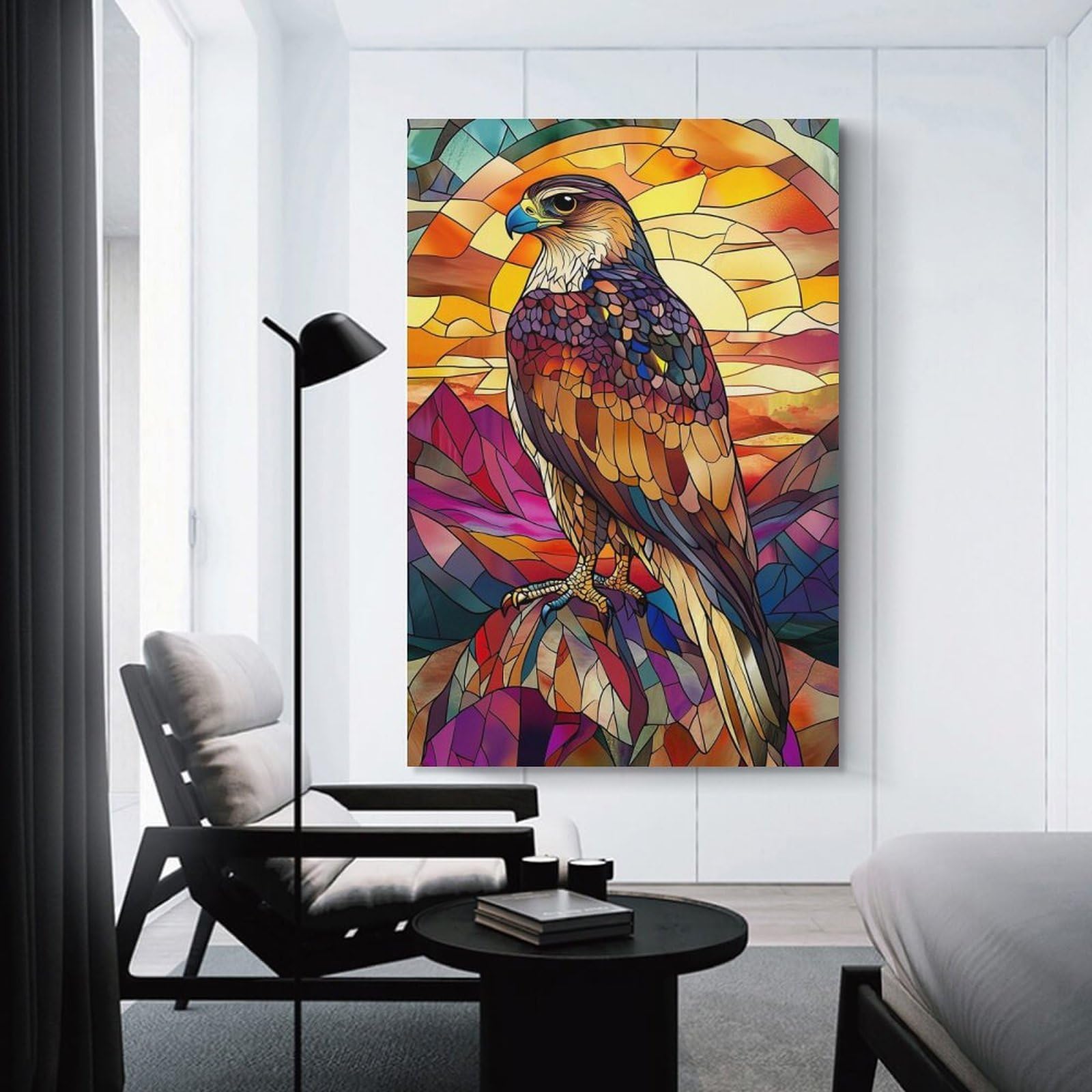 Junmoney Stained Glass Falcon Decorative Canvas Print, 20x30inch(50x75cm), for Gallery Wall Decor And Room Displays, Wall Decor Suited to Curated Displays