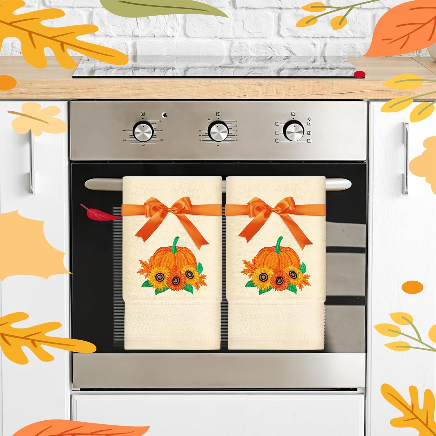 JarThenaAMCS 2 Pack Fall Thanksgiving Hand Towels Pumpkin Embroidered Cotton Bathroom Towels Autumn Decorative Dish Towel for Drying Cleaning Cooking Gift, 29.5 x 13.8 Inch - Image 6