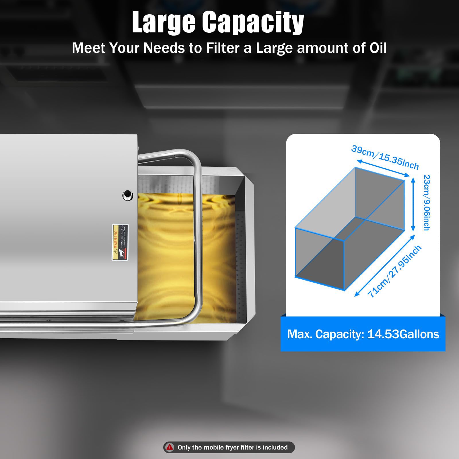 Máquina de filtro de freidora, máquina de filtro de aceite de acero inoxidable de 550 W, filtración de aceite móvil comercial de 55 litros, flujo de bomba de aceite de 8.45 galones/min, filtro de