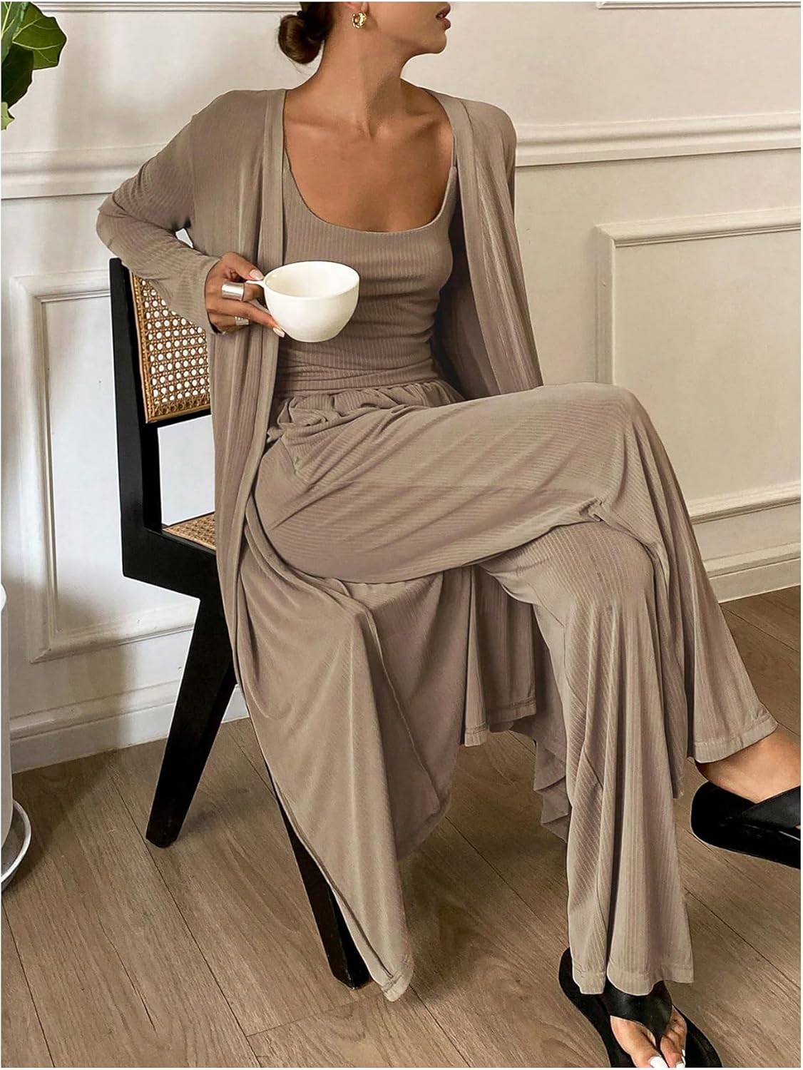 Women's 3 Piece Lounge Sets Ruched Camisole Top and Pants Pajama Set with Long Cardigan - Image 4