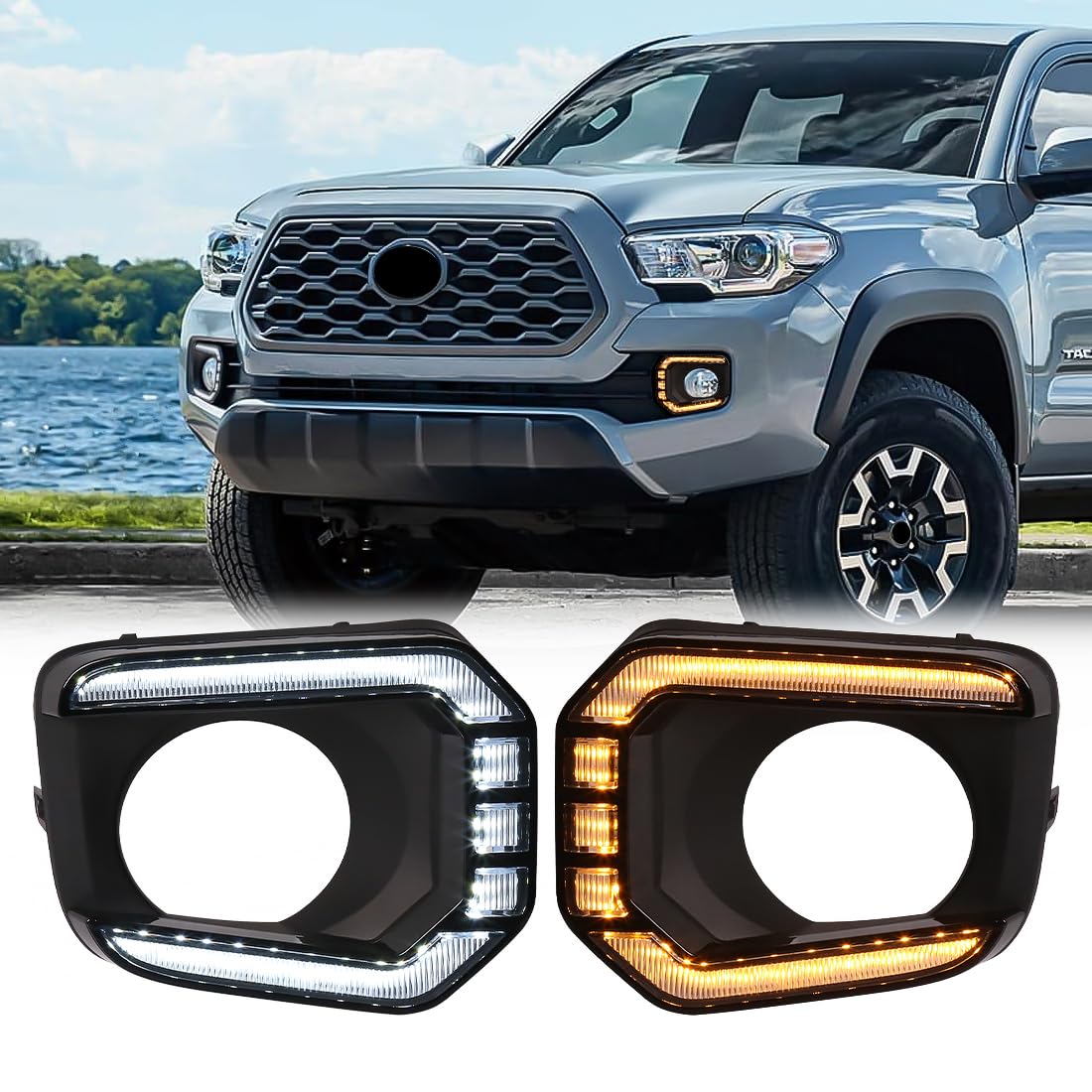 AFOGGEST LED Daytime Running Lights For Toyota Tacoma 2016 2017 2018 2019 2020 2021 2022 LED Driving Fog Light Kit with Amber Turn Signal Light