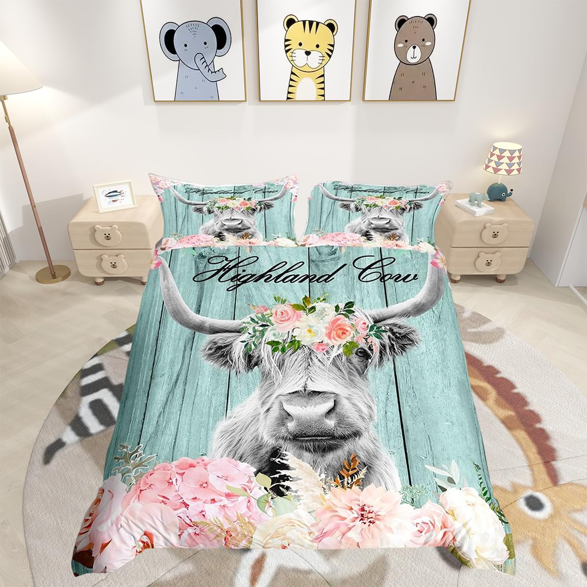 Pink Floral Highland Cow Bedding Set Highland Cattle Duvet Cover Pink Floral Western Cow Bull Comforter Cover Farmhouse Bedspread Cover Quilt Cover 3Pcs King