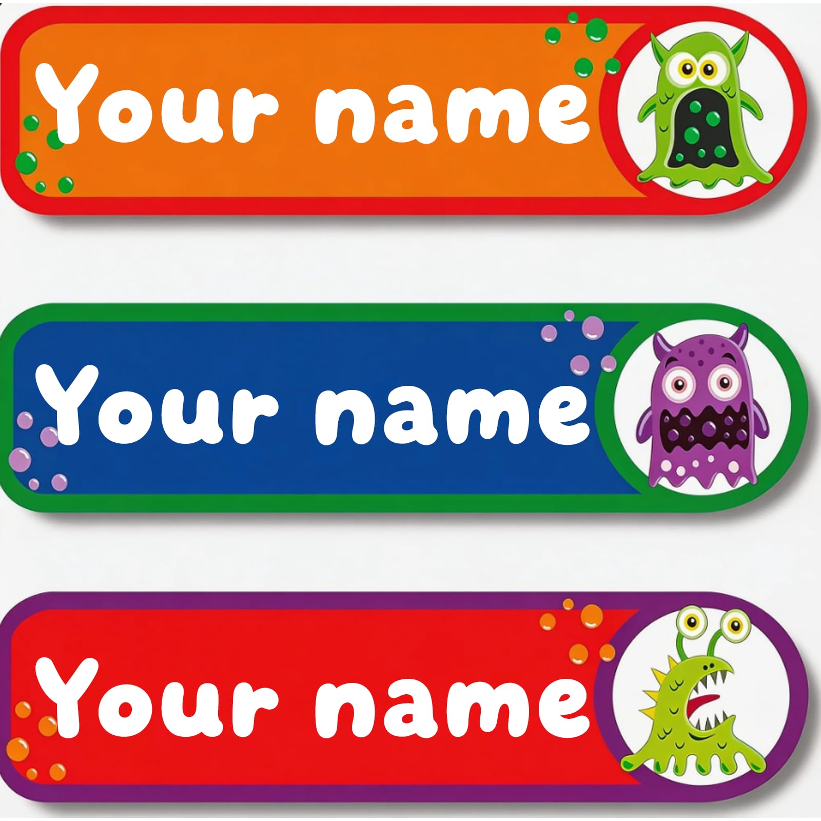Personalized Waterproof Name Stickers for Kids, Washable Clothing Labels, Durable Name Tags for School, Kindergarten, Lunch Boxes, Books, Toys – Ideal Back to School（Monster Bubbles）