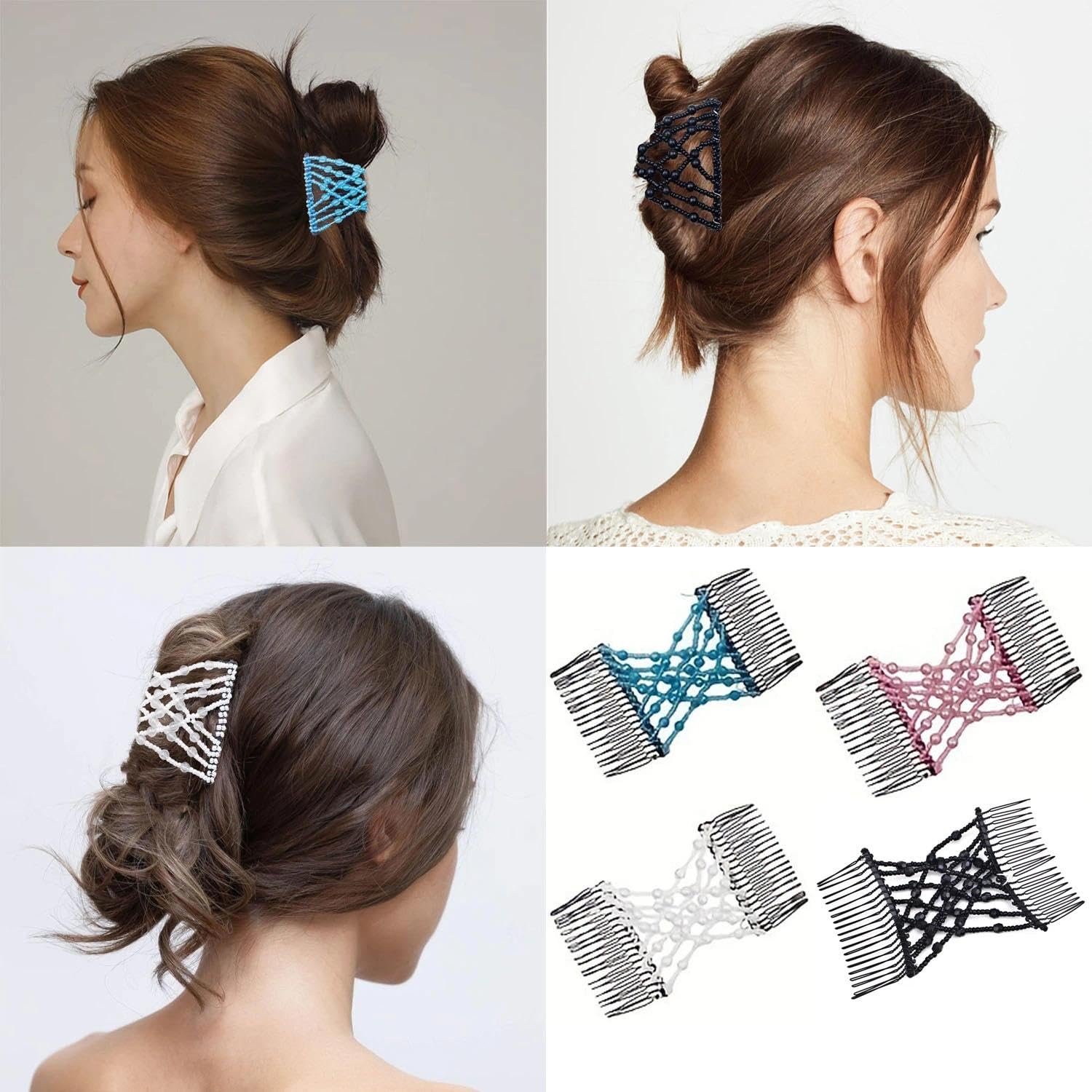 4 Piezas Peineta Doble Perlas Elásticas, Peinetas Elásticas Cuentas, Peinetas Mágicas Cristal, Pasadores Pelo Elásticos Mágicos, para Mujeres y Niñas Cabello Grueso Rizado Fino (Cuatro Colores)