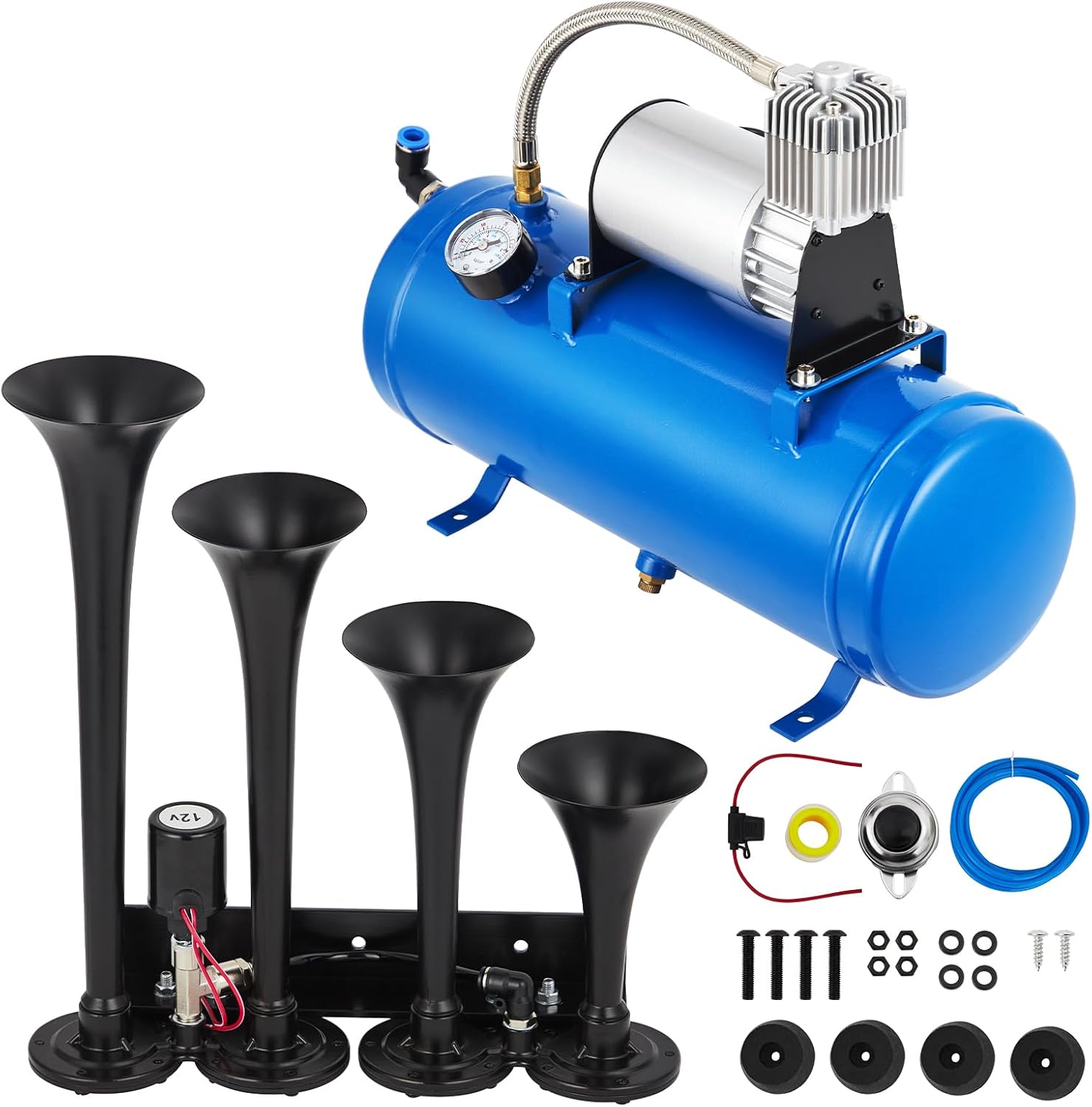 Train Horn Kit for Trucks,150DB 4 Trumpet Air Horn with 1.6 Gallon Tank & 150 PSI Compressor, Loud Truck Train Horn for Pickup, SUV, RV, Motorcycle, Semi & More, Universal 12V Air Horn Kit