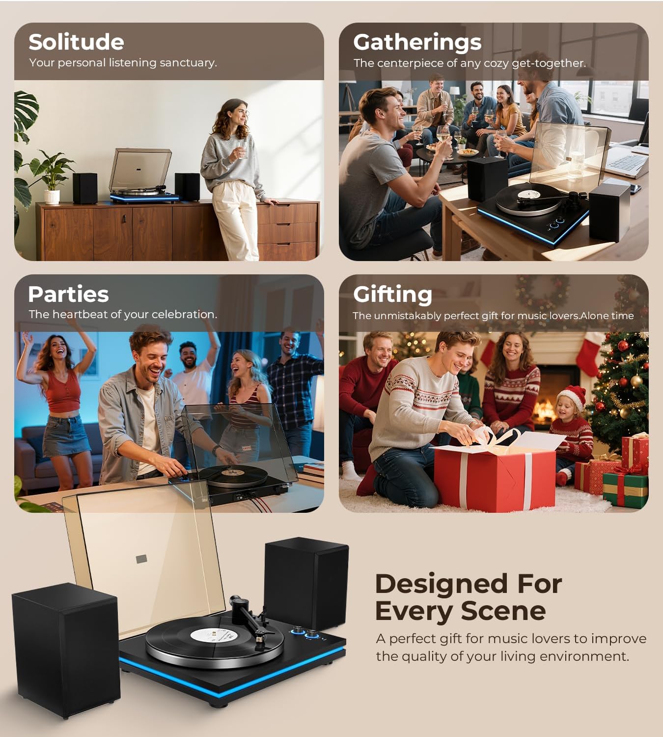Vangoa Vinyl Record Player with 40W Speakers, Belt-Drive Stereo Turntable, Magnetic Cartridge AT-3600L, Aluminum Platter, Hi-Fi, 2 Speed, LED Lighted Modern Bluetooth Turntable for Vinyl, Black