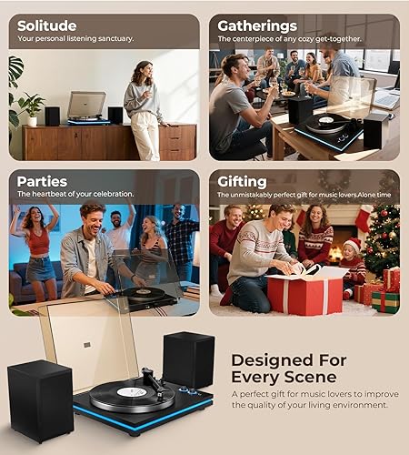 Miniatura 8 de Vangoa Tocadiscos, tocadiscos de diseño dividido con altavoces con luz, 20 W, dos altavoces externos, tocadiscos de alta fidelidad para reproductor