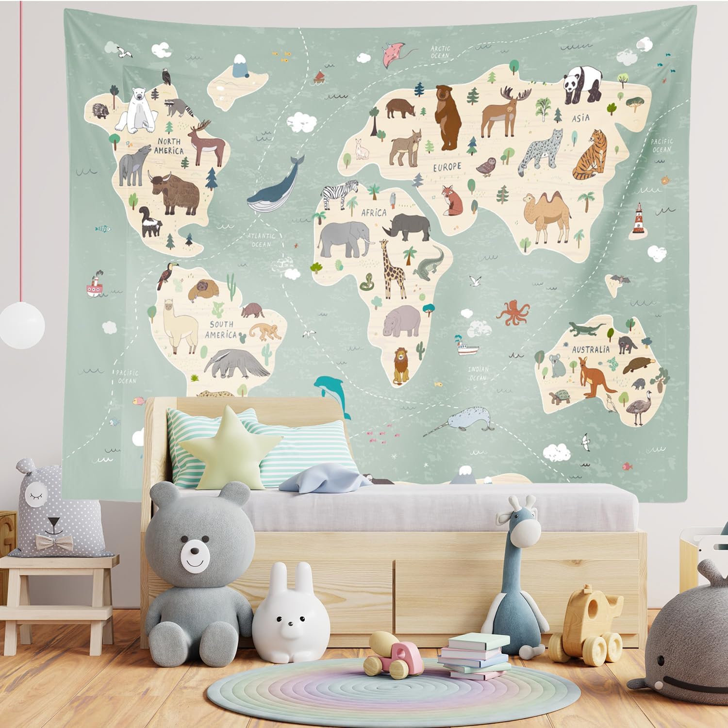 Loccor Animal World Map Tapestry for Kids Map World Cartoon Animal Educationa Learning Wall Hanging Tapestry for Children Bedroom Living Room Nursery Dorm Home Decor 92x70 inches
