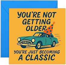 Funny Birthday Card For Older Adults - Classic Car Design - Humorous Card For Him Or Her - Illustrated Vintage Car With Party Hat - Blank Inside With Envelope