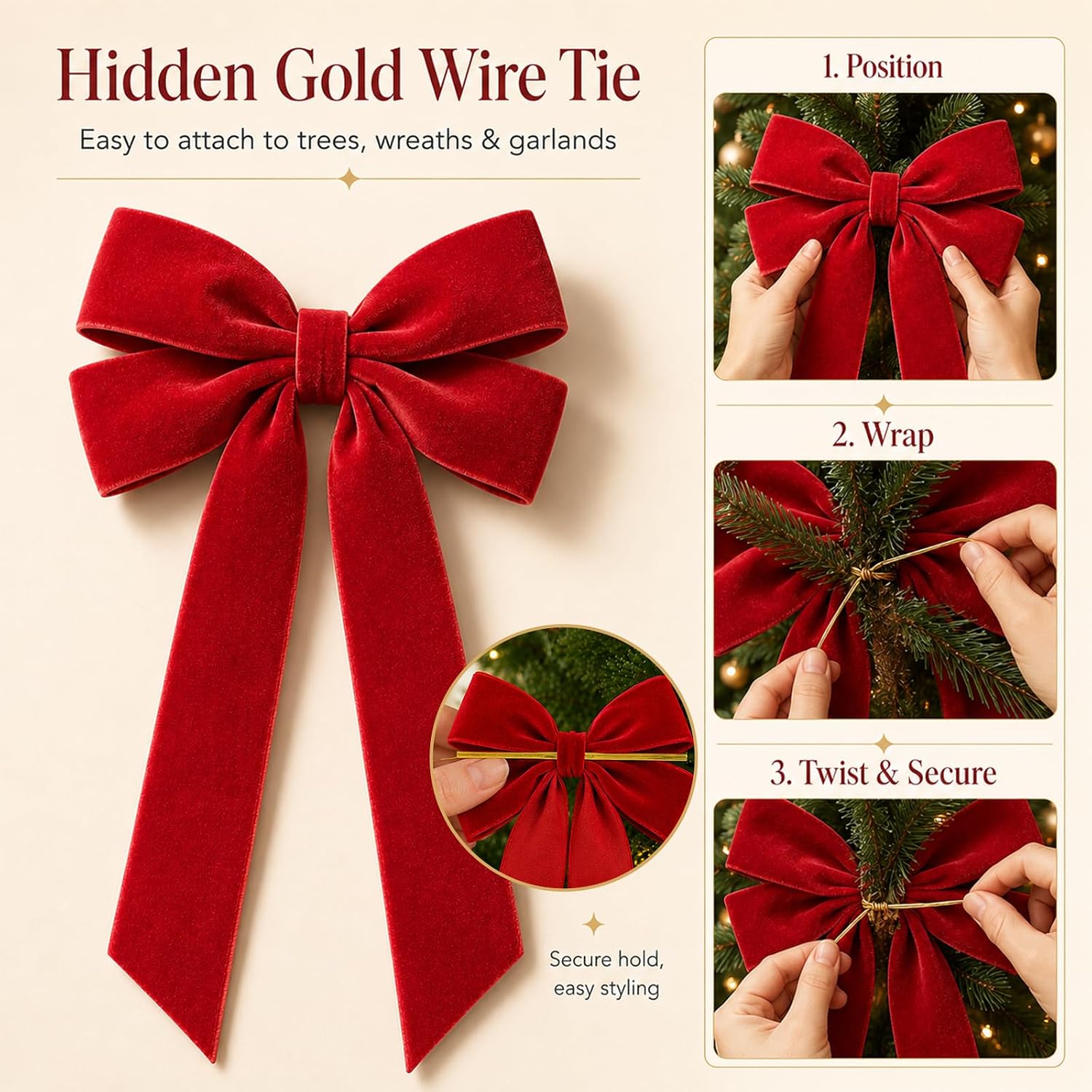 8 Pcs Red Velvet Bows Christmas Tree Decorations, Wired Velvet Ribbon Bows