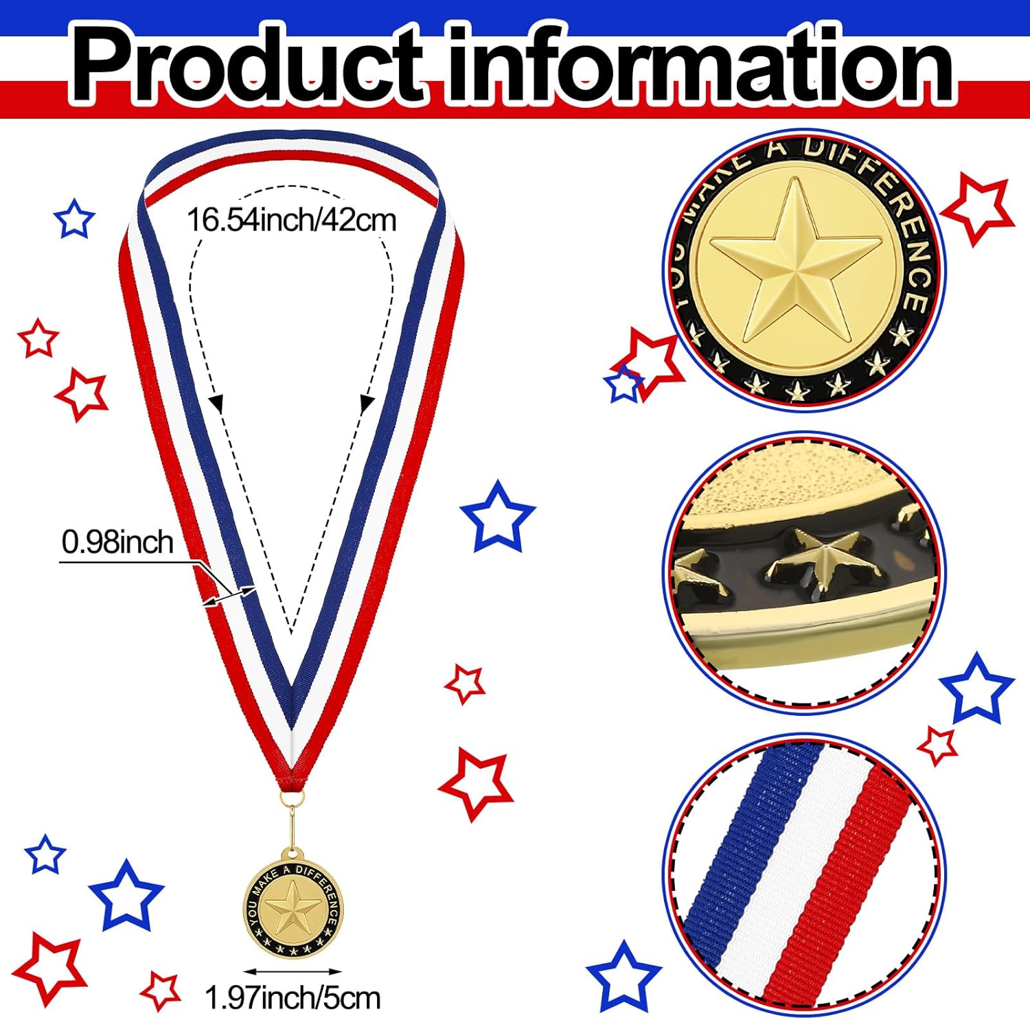 50 Pcs Employee of the Month Medal with Neck Ribbon Employee Enamel Star Recognition Gold You Make a Difference Gifts Appreciation Award Medals for Colleague Coworker Team Retirement Reward