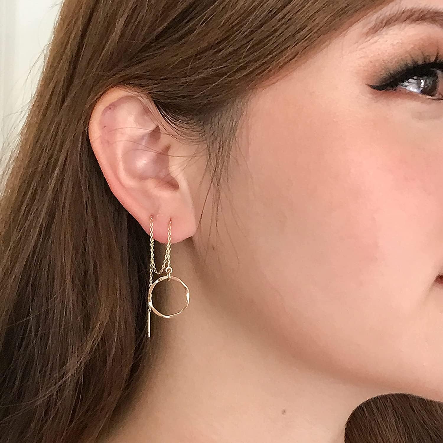 Long Chain Earrings - Threader Earrings for Women - Double Piercing Earrings - Hammered Circle
