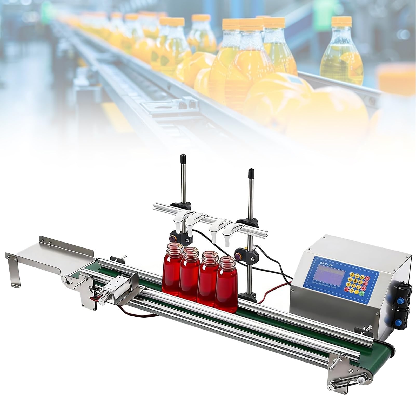 Dosificador de líquidos de 4 Cabezales con Cinta transportadora, Máquina automática de llenado de Botellas, Máquina de llenado (1-500 ml), Sistemas antigoteo, 6,5 l/min. 4H1200