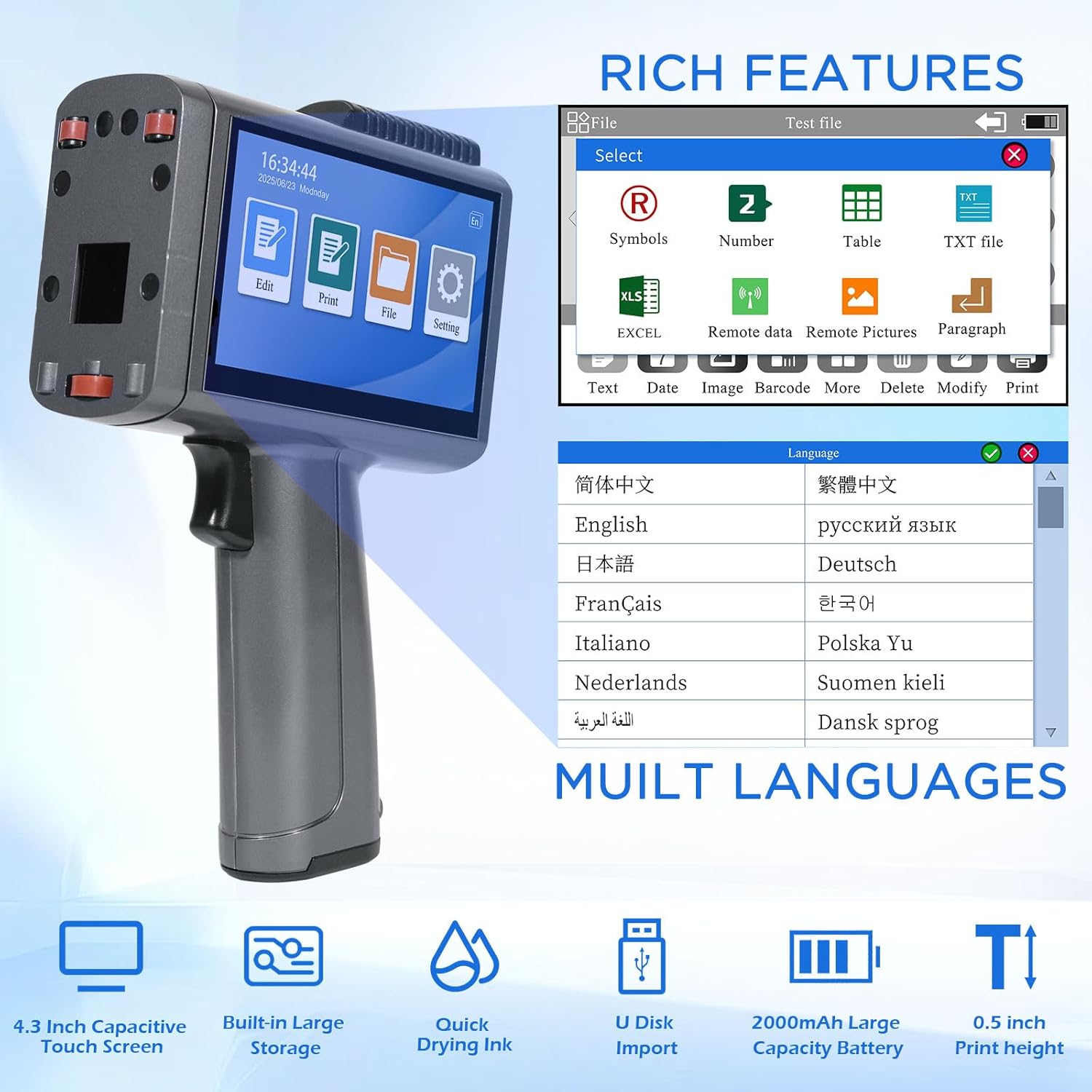 Handheld Inkjet Printer with 42ml Quick-Drying Ink Cartridge for Text/Date/Barcode/Logo, Metal Body, 4.3" Touch Screen, Print Height 0.08"-0.5", Portable Industrial Coding Machine ZM-C120L