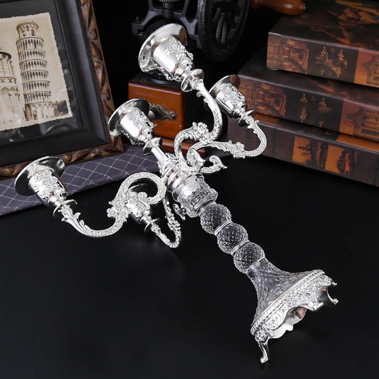 Candelabro cónico de Cinco Brazos, Ideal para Interiores como Bodas y cenas, Plata, Individual
