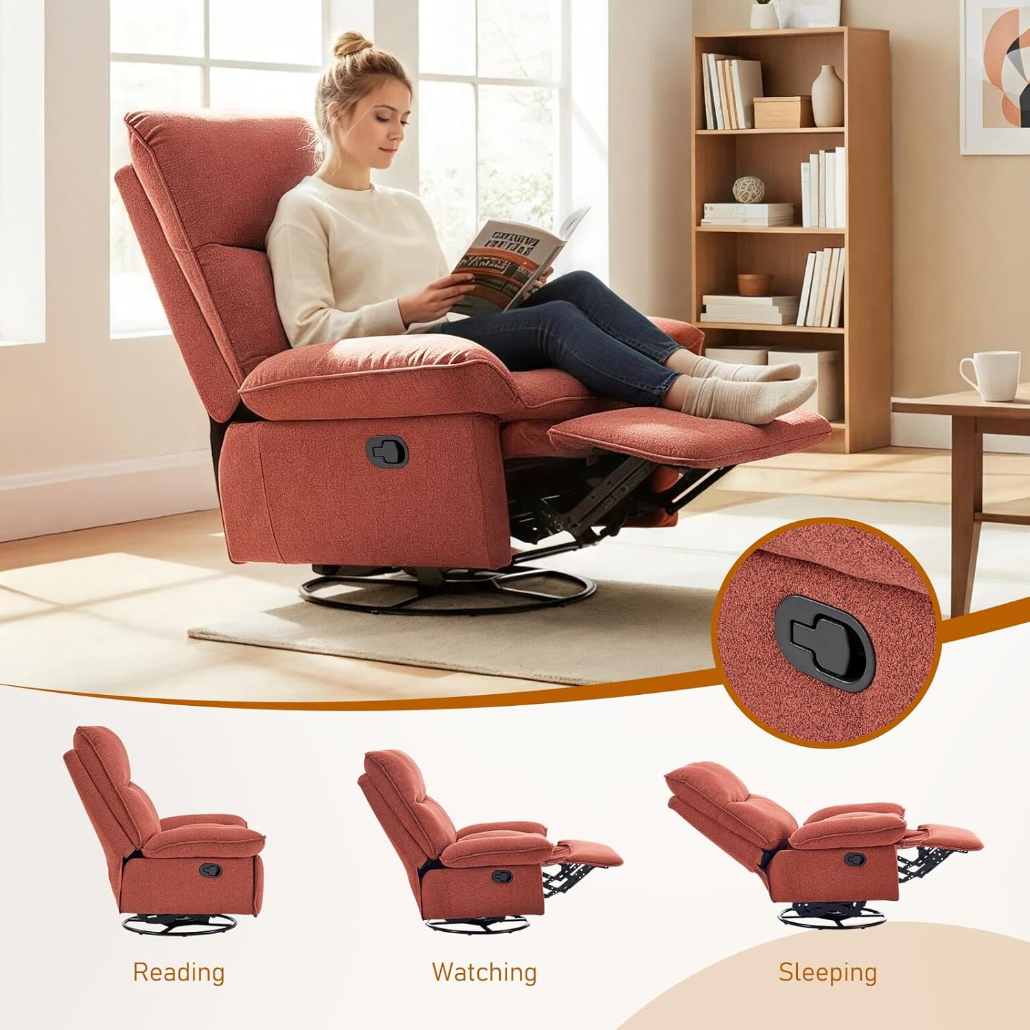 Furnimart Swivel Oversized Recliner Chair, Extra Wide Manual Recliner Chair for Adults, Nursery Glider Rocking Chair Comfy Reading Chair with Side Storage for Living Room, Chenille Burnt Orange
