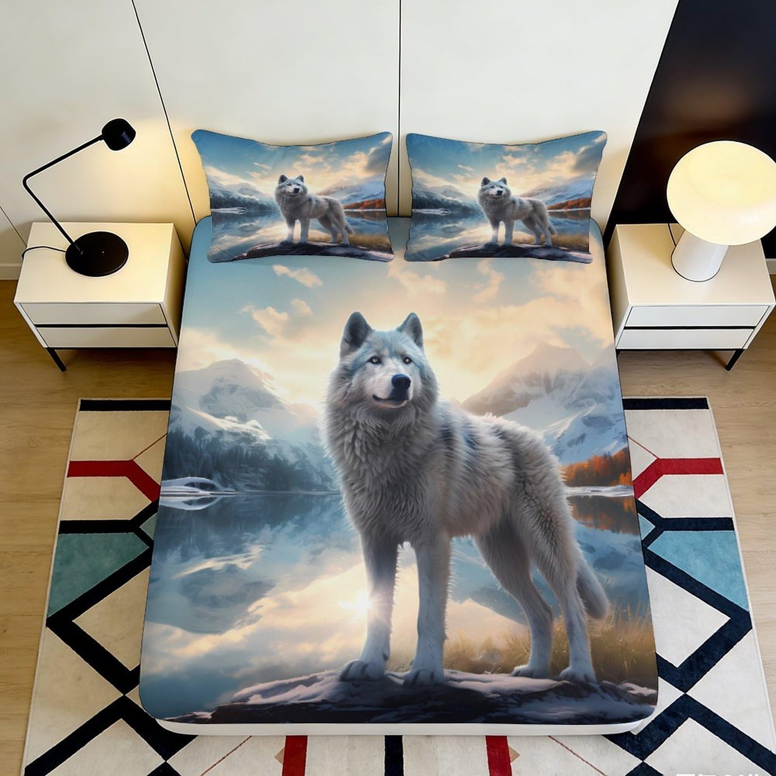 3D Printed Wolf Mountain Fitted Sheet Microfiber Soft Breathable Arctic Landscape Bed Cover for Bedroom Decor 90x200x25cm