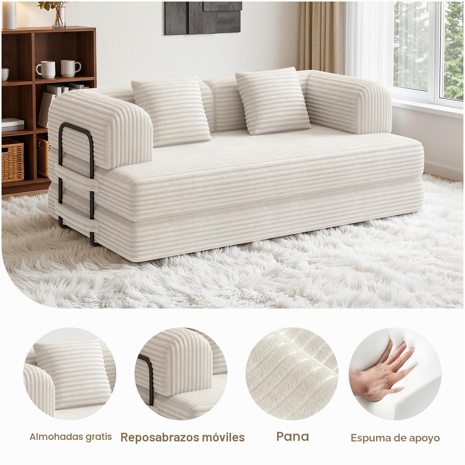 Xbro Sofá Cama 2 Plazas, Sofa Modular con 5 Configuraciones Transformables, Sofa Comprimido al Vacio(Sin Montaje) de Pana para Salón y Dormitorio, Blanco, 160x90x61 cm