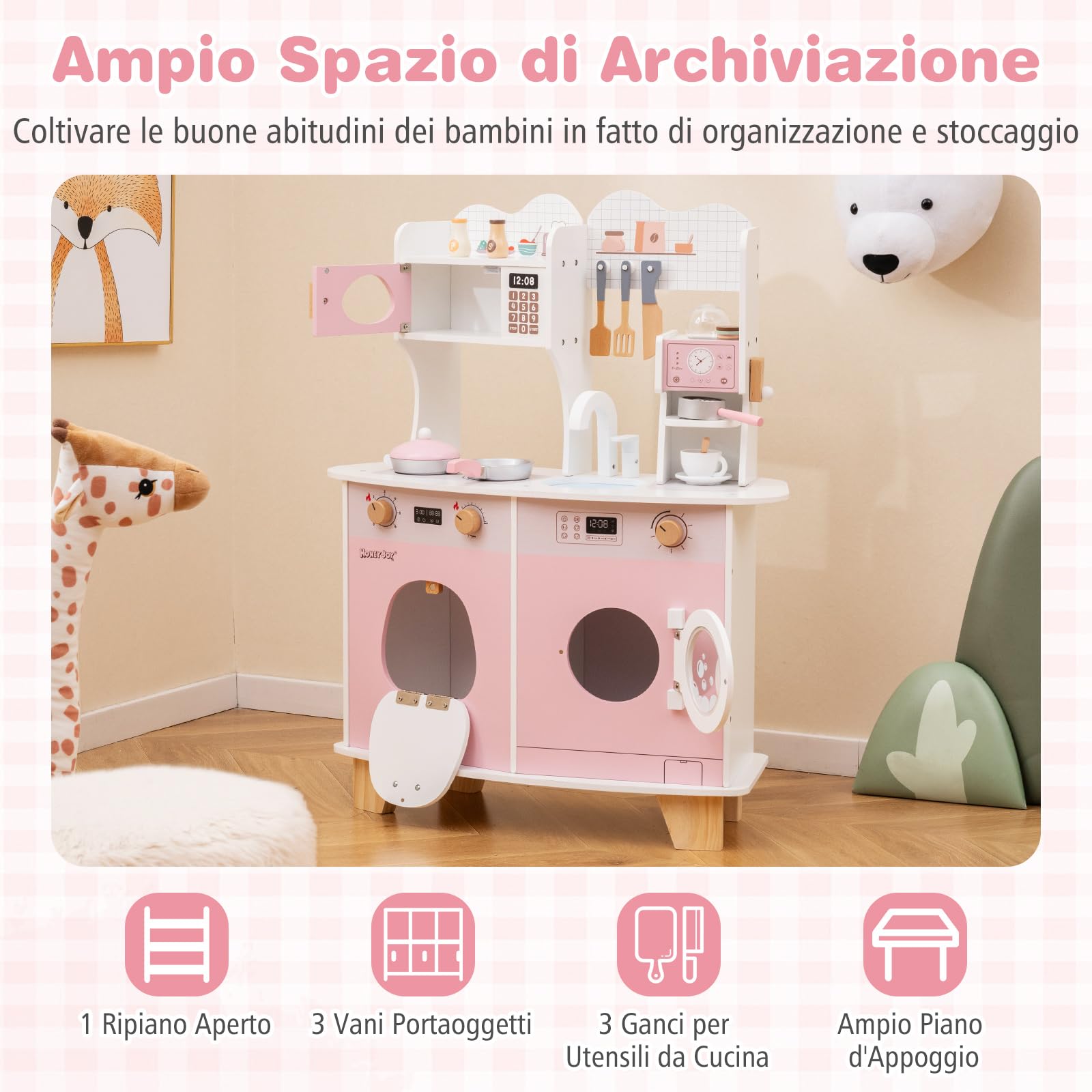 COSTWAY Cucina Giocattolo con Macchina da Caffè, Forno e Lavatrice, Cucina per Bambini in Legno con Microonde e Lavandino, Set Cucina con 13 Accessori, 70 x 30 x 88 cm, per Bambini 3+ Anni