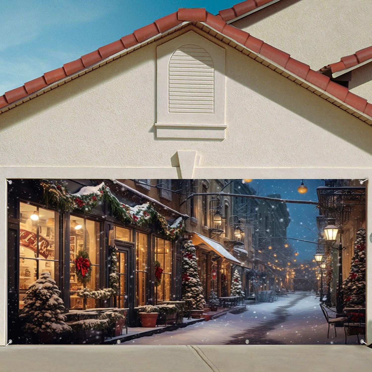 7x16ft Christmas Street Scene Garage Door Decor Snow Covered Road Xmas Tree Warm Lights Shops Festivals Outdoor Scenery Garage Door Cover for Family Holiday Decor Banner