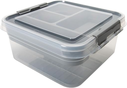 Simplify 5 Compartment Gift Supply Storage Box | 2 Tier Box | Red | Clear Top Lid | Dimensions 9.5"x 9.5"x 4.5" | Snap Handle| Storage | Wrapping Accessories| Grey