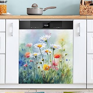 Spring Watercolor Flowers Pattern Dishwasher Magnet Cover Front Dishwasher Cover Decoration Reusable Decal for Washers Fridge Cover Panel Decal Home Kitchen Decor, 23" L x 26" H
