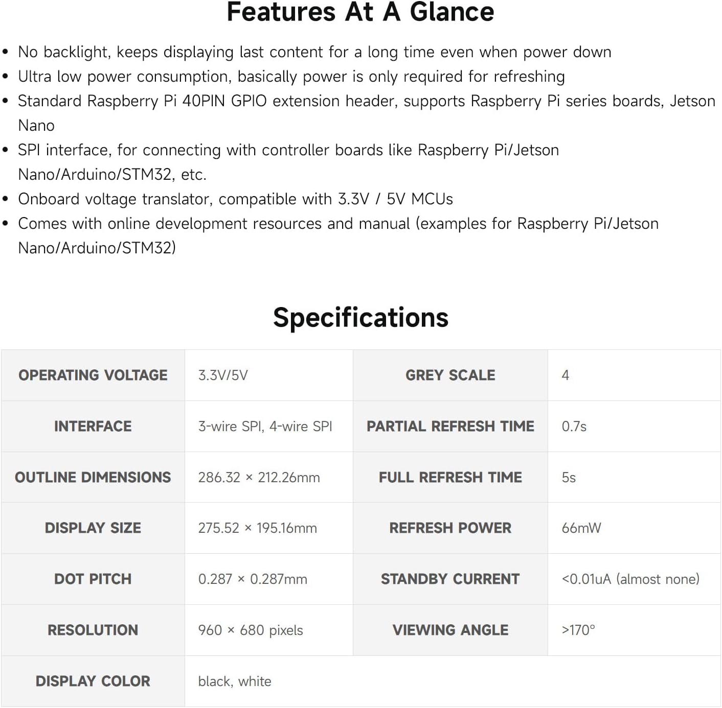 Waveshare 13.3inch E-Ink Display HAT (K) for Raspberry Pi, SPI Interface, Low Power Consumption, Wide Viewing Angle, Paper-Like Displaying Without Electricity