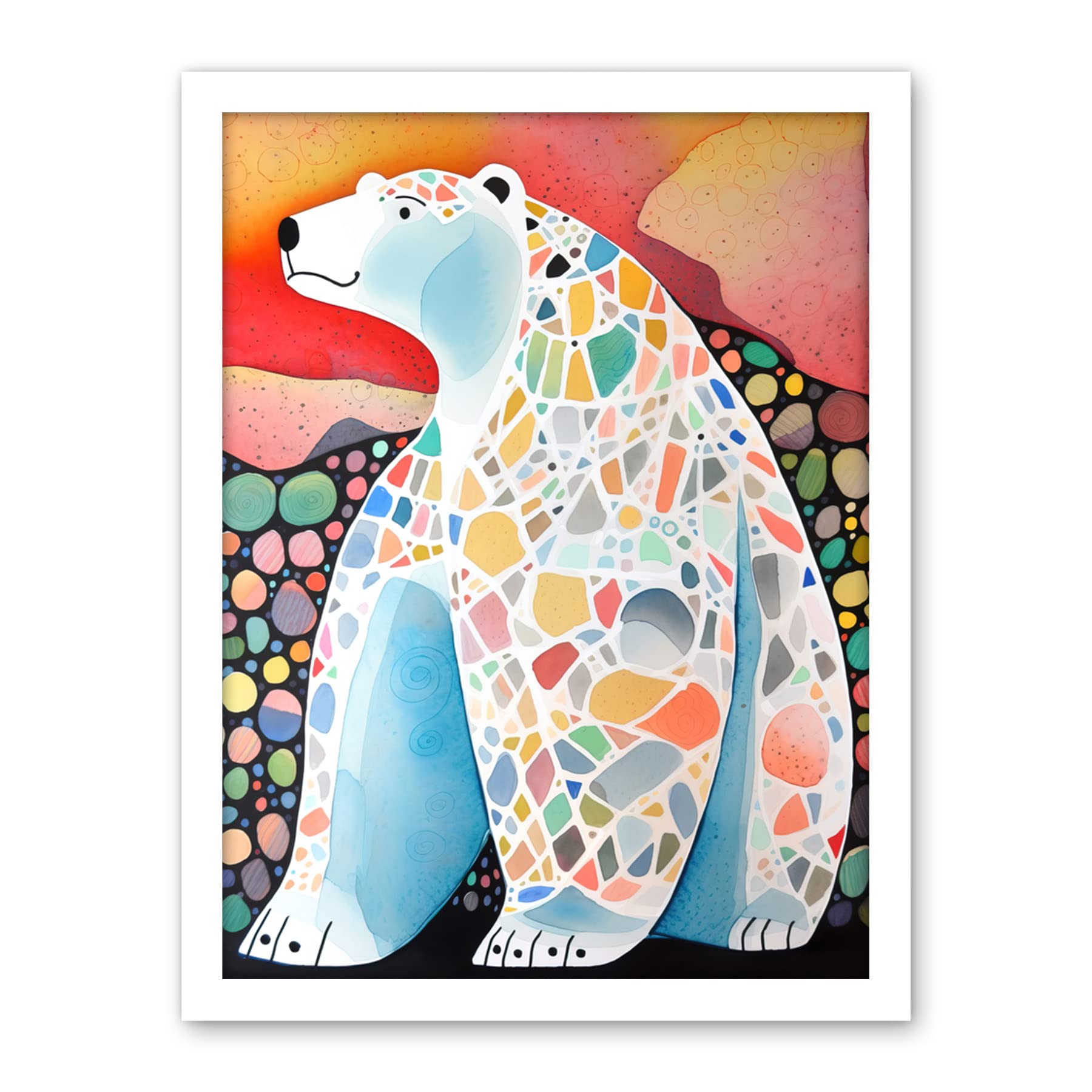 Artery8 Polar Bear With Mosaic Pattern Folk Art Artwork Framed Wall Art Print 18X24 Inch