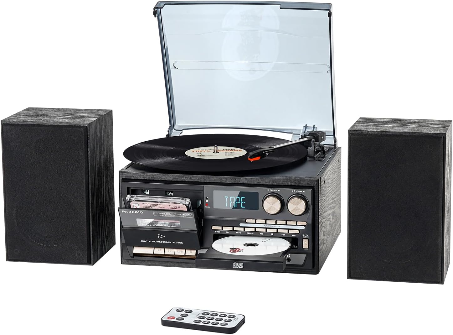 10 in 1 Vintage Record Player, 3 Speed Turntable with 2 External Speakers, Wireless Bluetooth, CD Cassette Player, USB SD MMC, AM FM Radio with Remote Control Bronze