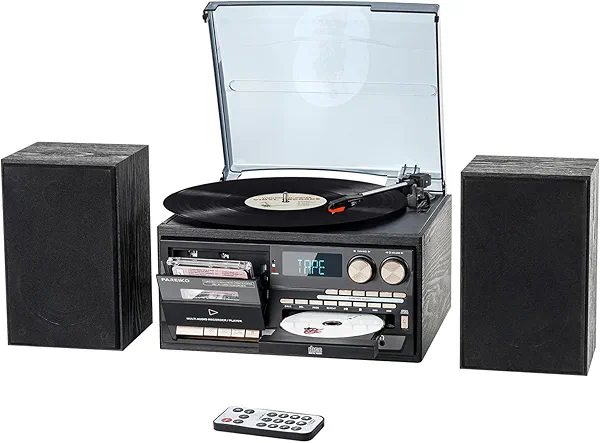 10 in 1 Vintage Record Player, 3 Speed Turntable with 2 External Speakers, Wireless Bluetooth, CD Cassette Player, USB SD MMC, AM FM Radio with Remote Control