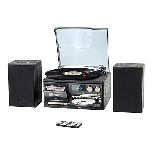 10 in 1 Vintage Record Player, 3 Speed Turntable with 2 External Speakers, Wireless Bluetooth, CD Cassette Player, USB SD MMC, AM FM Radio with Remote Control - Bronze