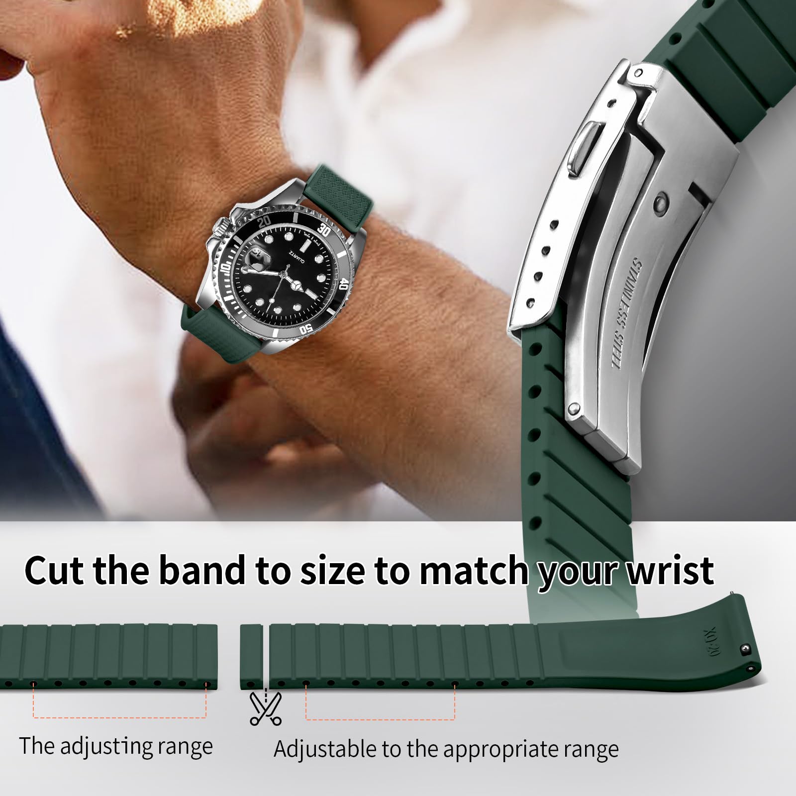 ULLCHRO FKM Rubber Watch Strap, Cut to Size Quick Release Fluororubber Watch Band Soft Replacement Watchband with Silver Milled Clasp for Men Women 18mm 19mm 20mm 21mm 22mm