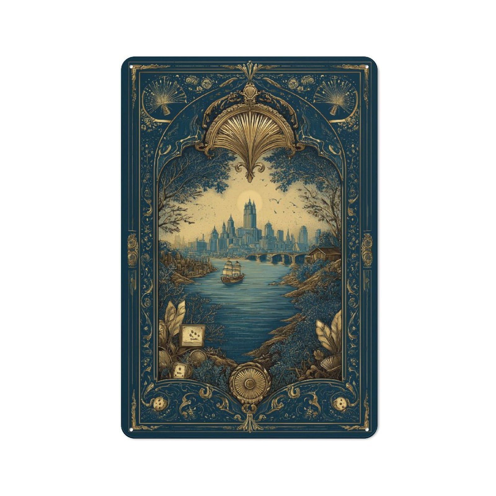 Junmoney Golden Cityscape Vintage Printed Metal Sign 30X20cm For Workshop Wall, A Decorative Gift For A Newly Furnished Workshop