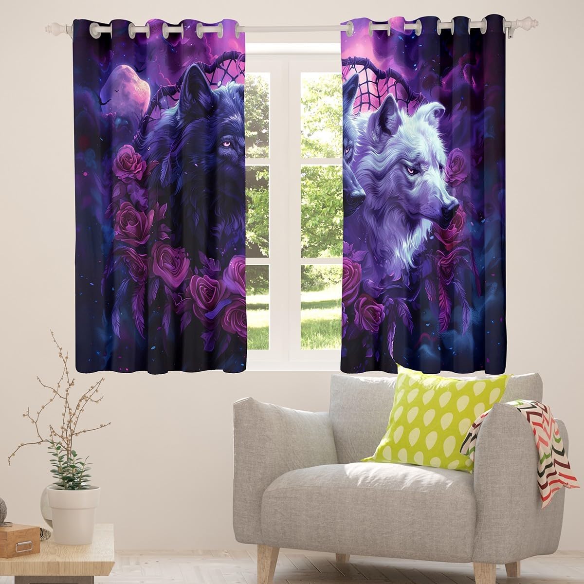 Safari Wolf Curtains Black And White Blackout Curtains 76x45,Wild Animal Wildlife Curtains & Drapes Romantic Rose Flower Bedroom Curtains Western Tribal Dreamcatcher Window Treatments Wedding Gift
