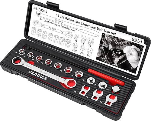 Miniatura 8 de BILITOOLS Juego de herramientas de cinturón serpentino universal de 15 piezas, kit de herramientas tensor de cinturón con llave de trinquete, llaves