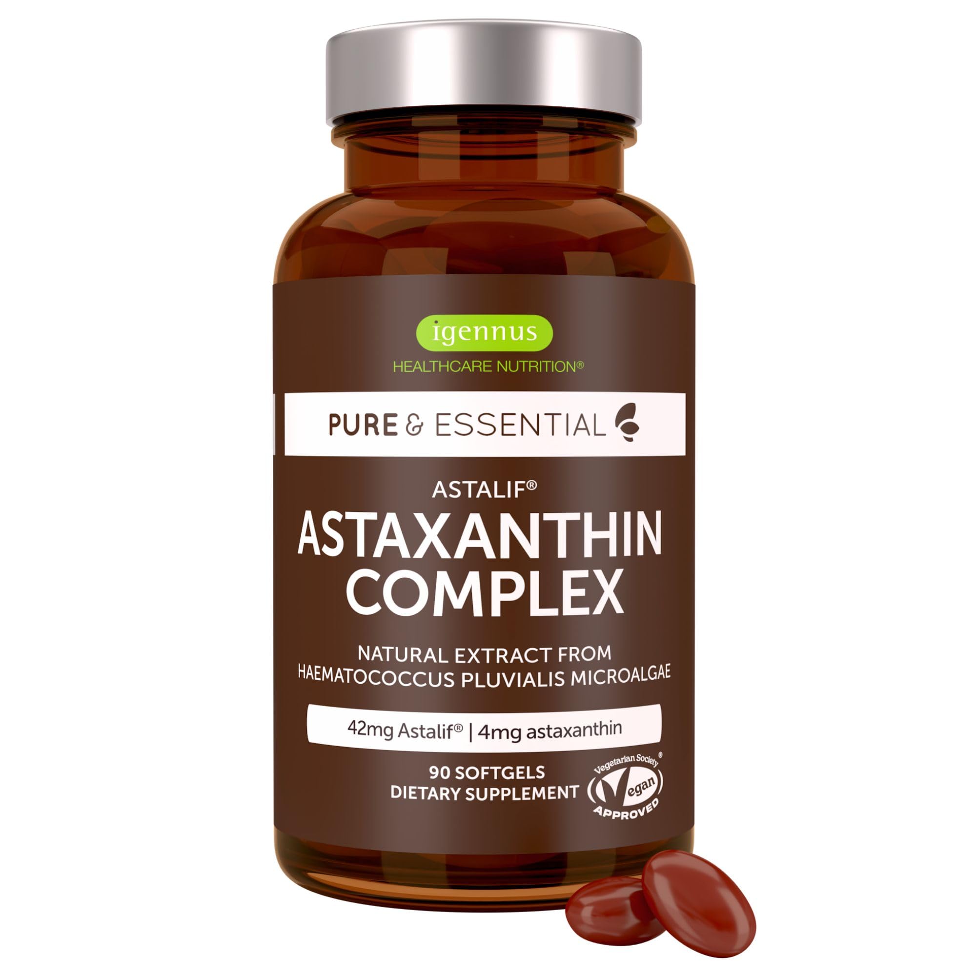 Igennus Vegan Astaxanthin 4mg Complex with Lutein and Zeaxanthin, 90 Small Softgels, from 42 mg Astalif, Natural Algae Antioxidant for Eyes, Skin & Joints, Non-GMO, H. Pluvialis
