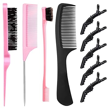 4 Pieces Teasing Brush Set Bristle Hair Brush Double Sided Hair Edge Brush Tail Comb Styling Comb Wide Tooth Detangling Hair Comb with 5 Alligator Hair Clips for Women Men Stylist (Pink)