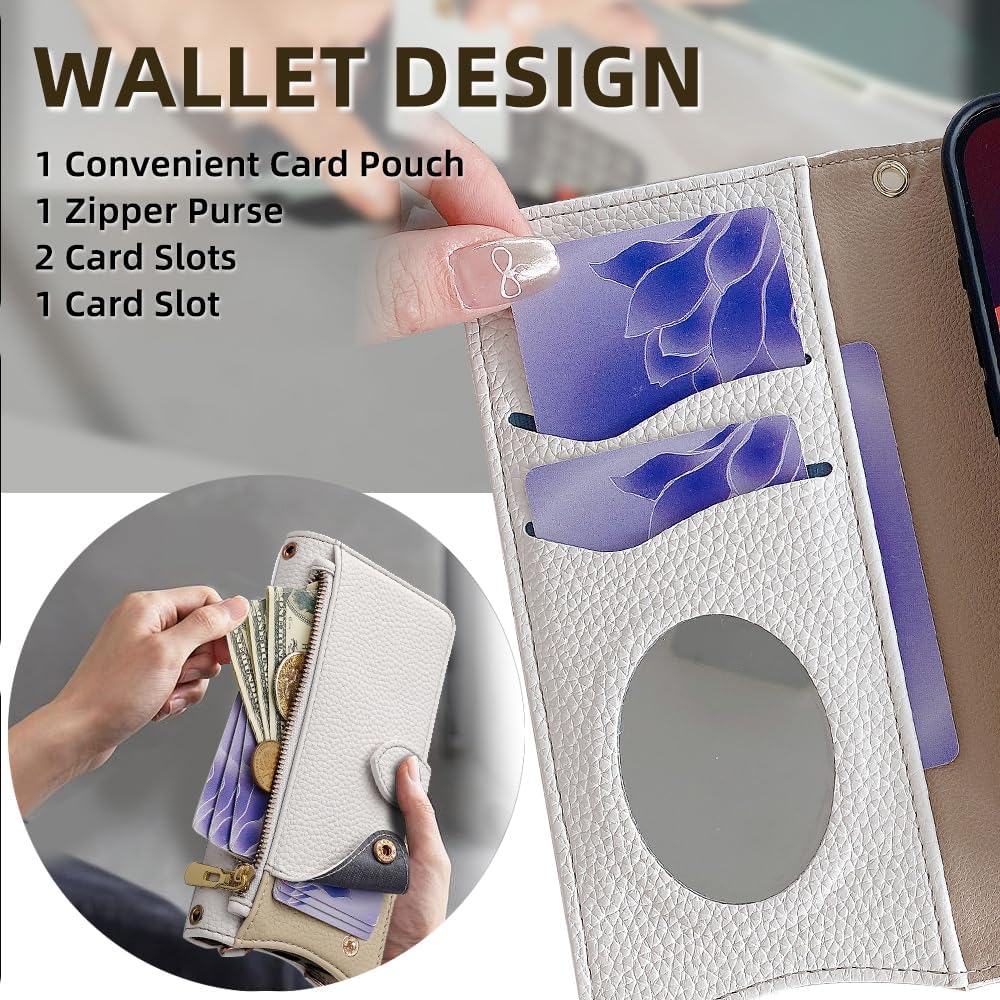 Asuwish Phone Case for Motorola Moto G Stylus 5G 2023 Wallet Cover with Tempered Glass Screen Protector and Mirror Flip Cover Card Holder Slot Stand Crossbody Strap Cell GStylus G5 XT2317DL White