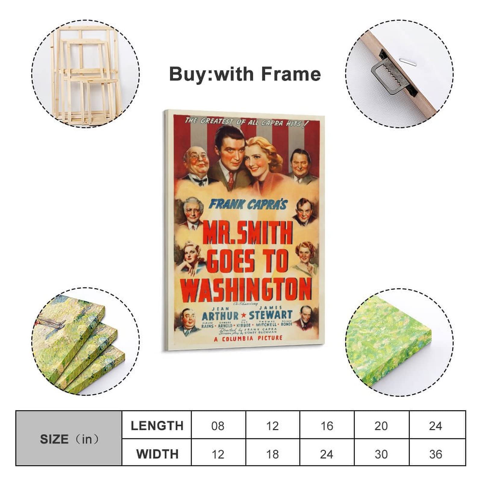 Poster vintage con scritta "Mr Smith Goes To Washington", commedia classica, su tela, per soggiorno, camera da letto, 50 x 75 cm